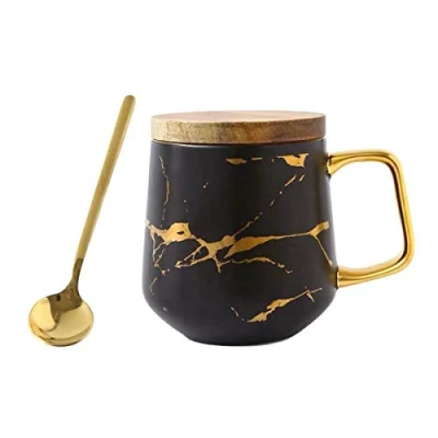 Afbeelding van Eplze YBK Tech porseleinen theekop koffiemok set voor middagthee marmeren patroon (zwart, hoog 400 ml + houten deksel)