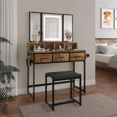 Afbeelding van Vicco Kaptafel Fyrk, Eiken rustiek, 90 cm met kruk en LED spiegel