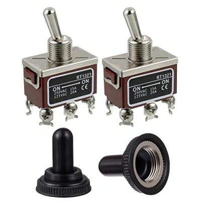 Afbeelding van BOJACK RT1321 tuimelschakelaar, 125 V, 20 A, 250 15 DPDT AAN, 6 kantelhendels met klempen en waterdichte metalen kap (verpakking 2 stuks), BJ RT 1321