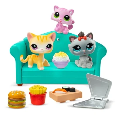 Afbeelding van BANDAI Littlest Pet Shop BF00636, grappig diner, 3 huisdieren, 7 accessoires, 1 verzamelkaart, virtuele code, generatie huisdieren 166, 167, 168, LPS figuren, vanaf 4 jaar