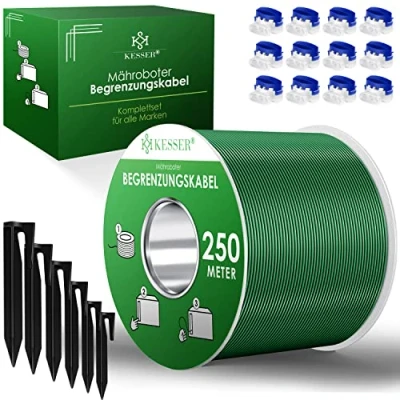 Afbeelding van KESSER® begrenzingskabel 250 m + 800 grondspiezen 12 kabelconnectoren voor robotmaaier grasmaaier, accessoireset, begrenzingsdraad, compatibel met Gardena/Bosch/Worx/Einhell/Honda/ROBOMOW