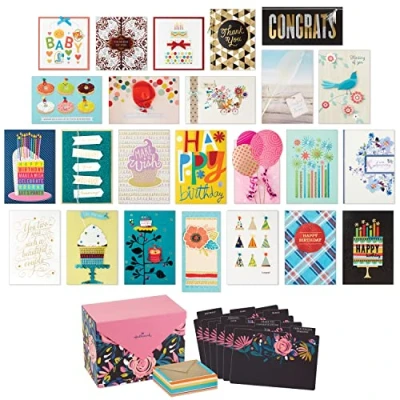 Afbeelding van Hallmark Set van 24 handgemaakte geassorteerde wenskaarten in doos, moderne bloemen verjaardag/babyborrelkaarten, bruiloft/sympathiekaarten, denk aan u/bedankkaarten
