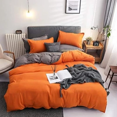 Afbeelding van Damier beddengoed, 200 x 220 cm, oranje grijs, omkeerbaar 3 delig, zachte microvezel, dekbedovertrek, tweepersoonsbed met ritssluiting en 2 kussenslopen 80 cm