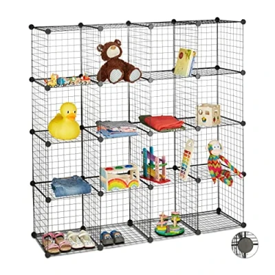 Afbeelding van Relaxdays vakkenkast gaas, 16 vierkante vakken van 35 x cm, DIY open kasysteem, universeel, metaal, in het zwart