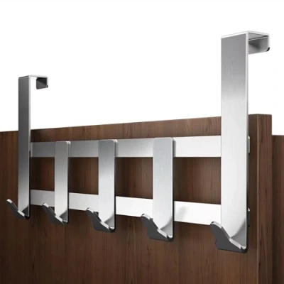 Afbeelding van Menz Premium deurgarderobe, 5 haken, roestvrij staal, deurhakenlijst om op te hangen, extreem belastbare kledinghaken voor deur, hoogwaardige deurkapstok deurhaken hangen