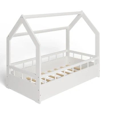 Afbeelding van MS FACTORY Huisbed 70x140 cm Kinderbed met valbeveiliging Dennenhouten bed lattenbodem Barrière Wit