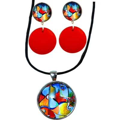 Afbeelding van Set Rivka ketting clip oorbellen rood hout Charme Bijoux