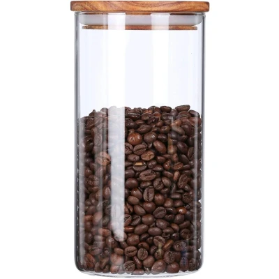 Afbeelding van Glazen pot met houten deksel, luchtdichte voorraadpotten, hoogwaardige borosilicaatglas, voorraaddoos, bewaarpot voor spaghetti, muesli, meel, koffie, thee, 1150 ml