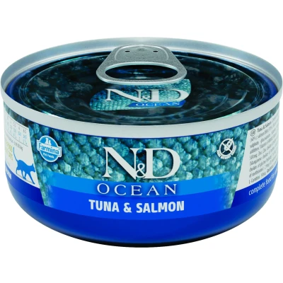 Afbeelding van N&amp;D Ocean natvoeding voor de kat Tonijn met Zalm 70 gr. per 24 stuks
