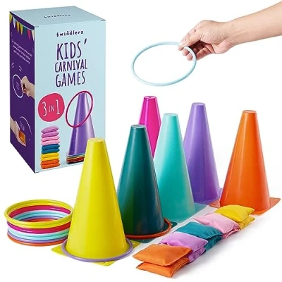 Afbeelding van THE TWIDDLERS 3 in 1 Spelset: Ringwerpen, Pittenzak Gooien &amp; Kegels 26 delig voor Tuinfeest Verjaardag