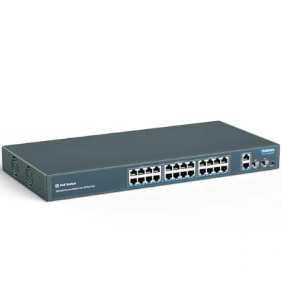 Afbeelding van YuanLey PoE Switch met 24 poorten 2 Gigabit Ethernet uplink, SFP poorten, 400 W PoE+ poort conform 802.3af/at, onbeheerde netwerkswitch AI Watchdog, VLAN, uitgebreid tot 250 m, rackmount