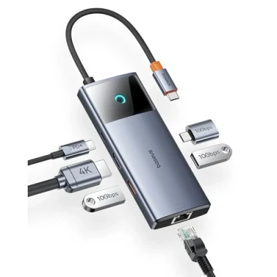 Afbeelding van Baseus USB C Hub 10 Gbps 3.2 Adapter met LAN Ethernet, 4K @60Hz HDMI, 2 A, C, 100 W PD, 6 in 1 docking station voor iPhone 15, Laptop MacBook/Surface Pro/Dell/iPad/Steam Deck/Rog