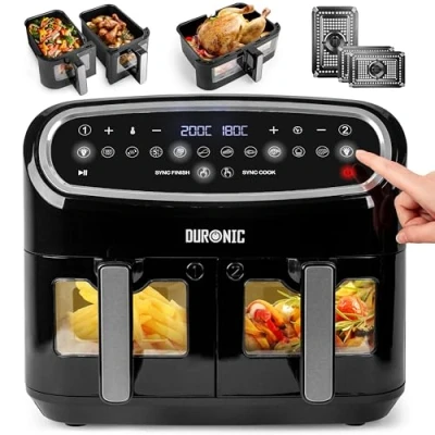 Afbeelding van Duronic AF34 BK Set Airfryer met 1 grote lade van 10L en 2 kleine lades 5L inbegrepen 10 Voorgeprogrammeerde Kookprogramma&#039;s Zonder olie Sync Cook Finish functies