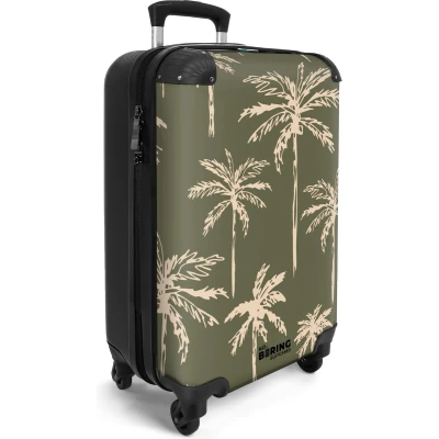Afbeelding van NoBoringSuitcases.com® Handbagage koffer lichtgewicht Reiskoffer trolley Groen met beige palmbomen print Rolkoffer wieltjes Past binnen 55x40x20 en 55x35x25