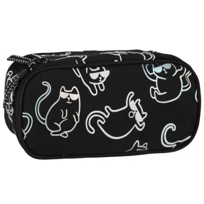 Afbeelding van Zwart ovale etui met kattenmotief, ritssluiting 22x6x10 cm