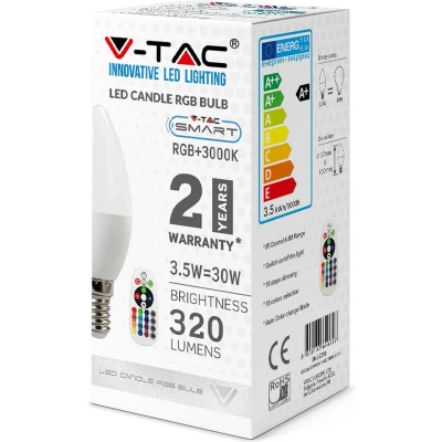 Afbeelding van V TAC VT 2214 LED Lampen Kaars E14 RF RGB IP20 Wit 3,5 Watt 320 Lumen RGB+6400K