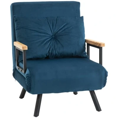 Afbeelding van HOMCOM Slaapbank, opklapbed met bedfunctie, relaxstoel rugkussen, gestoffeerde bank verstelbare rugleuning, fluwelen look, 63 x 73 81 cm, blauw