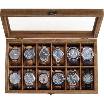Afbeelding van SONGMICS Horlogedoos met 12 vakken, horlogekast, massief houten horlogebox organizer groot glazen deksel, verwijderbare kussens, cadeau idee, rustieke walnoot JOW120K01