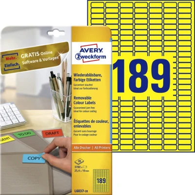 Afbeelding van Etiket Avery Zweckform L6037 20 25.4x10mm geel 3780stuks