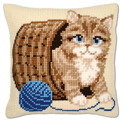 Afbeelding van Vervaco Kitten en wol kruissteek kussen, meerkleurig, stof, één