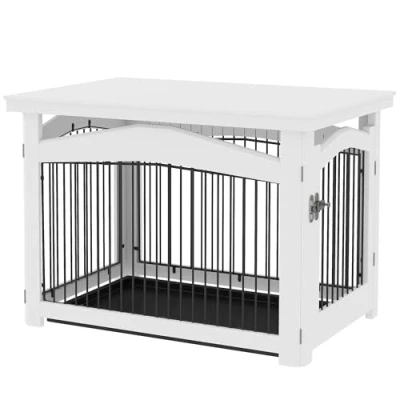 Afbeelding van PawHut 3 in 1 hondenkooi, bijzettafel, hondenbox, met afneembaar dienblad, voor middelgrote honden, 82,5 x 57,5 59,5 cm, wit