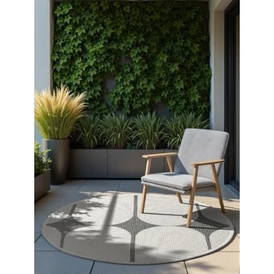 Afbeelding van Northrugs Bowen tapijt voor binnen en buiten, rond, modern, plat weefsel, omkeerbaar met boogdesign, Oeko Tex, weerbestendig uv bestendig, balkon, terras, tuin, zwart wit, diameter 160