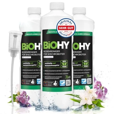 Afbeelding van BiOHY Vloerreiniger voor dweilrobots met een frisse lentengeur (3 x 1l Fles) + doseerder Reinigingsmiddelconcentraat alle Schuimvrij &amp; Streeploos Duurzaam 1:200 concentraat