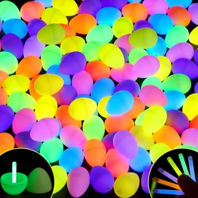 Afbeelding van JOYIN 72 lichtgevende paaseieren met mini lichtstaven (in totaal 144 stuks) voor kinderglow in the dark paasmand, vulpen paaseieren, jagen, speelfeest, decoratieve accessoires.