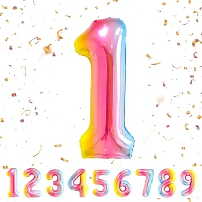 Afbeelding van Ballonnen verjaardag 1 jaar regenboog 101 cm ballon cijfer decoratie vlinderdas met helium