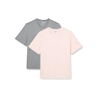 Afbeelding van Amazon Essentials Heren Regular Fit T shirt met korte mouwen en V hals (verkrijgbaar in Big &amp; Tall), 2 stuks, grijs heide/lichtroze, X Large