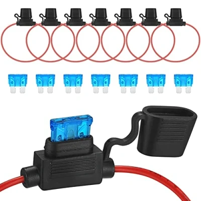 Afbeelding van 7 pack 16AWG zekeringhouder met draad, auto koperdraad 15A autozekeringen, Inline platte zekeringhouder, zekeringen voor auto/vrachtwagen/motorfiets