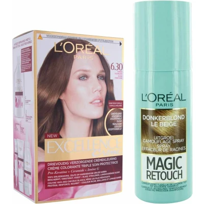 Afbeelding van L&#039;Oréal Excellence Creme 6.3 Donker Goudblond + Magic Retouch Uitgroeispray Donkerblond 75 ml Pakket