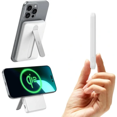 Afbeelding van ESR Qi2 MagSlim Kickstand 15W Magnetische Powerbank 5.000 mAh Compatibel met MagSafe en HaloLock Uitklapbare Standaard Wit