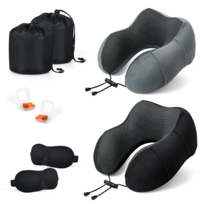 Afbeelding van SOMLAW Nekkussen, vliegtuig, set van 2 reiskussens, traagschuim, ergonomisch ontworpen nekkussen met slaapmasker, oordopjes, tas, ideaal voor reizen, auto, kantoor