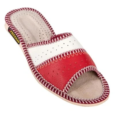 Afbeelding van APREGGIO Damespantoffels van leer, handgemaakt, slippers, open zacht, comfortabel draagcomfort, vaste zool, rood, 41 EU
