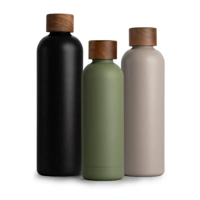 Afbeelding van Roestvrijstalen drinkfles, 500 ml, thermosfles 0,5 l met acaciahouten deksel, geïsoleerde waterfles, lekvrij bij koolzuur, olijfgroen