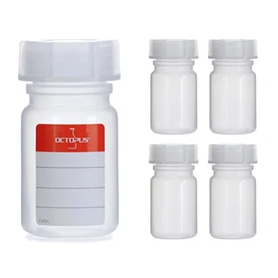 Afbeelding van Octopus 5 x 50 ml flessen van LDPE met brede hals schroefdop, lege chemiefles, laboratoriumflessen deksel als opbergvak voor laboratorium, keuken of hobby