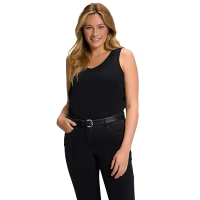 Afbeelding van Ulla Popken Dames top, V hals, klassiek, puur katoenen T shirts, zwart, 58 60