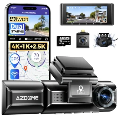 Afbeelding van AZDOME 3 lens dashcam 4K+1080P+2.5K auto camera met wifi, GPS, 4K voor, super nachtzicht, parkeerbewaking, loopopname, WDR, G sensor, 3,19 inch IPS scherm voor Taxiis (M550 MAX)
