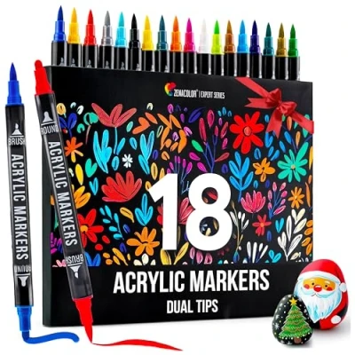 Afbeelding van Zenacolor Dual Tip acrylpen (fijne punten en penseel) 18 unieke acrylstiftkleuren voor verschillende oppervlakken kunstwerken Acrylverfpennen