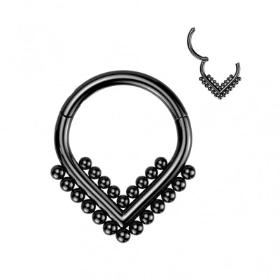 Afbeelding van Clicker ring v shape double ball lines zwart