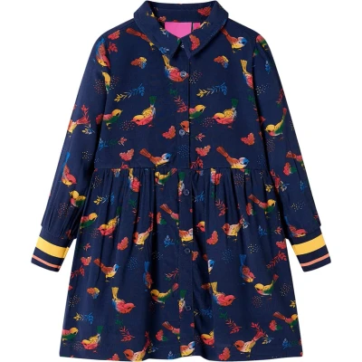 Afbeelding van Kinderjurk met lange mouwen vogelprint 140 marineblauw