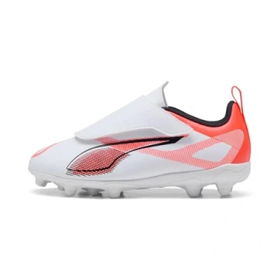 Afbeelding van Puma Ultra 5 PLAY FG/AG JR Unisex Voetbalschoenen met Kunststof noppen voor kinderen, Maat: 34, White/black/glowing red