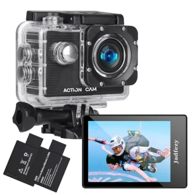 Afbeelding van Jadfezy Actiecamera 1080P, 12 MP en groothoek, 30 m onderwatercamera met 2 x 900mAh batterijen grote capaciteit montageaccessoires voor helm fiets enz.