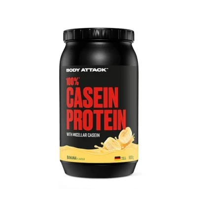 Afbeelding van Body Attack 100% caseïneproteïne, banaancrème, 900 g blikje, hoogwaardig proteïnepoeder voor spieropbouwtraining, langdurige eiwitverzorging, ideale aanvulling op wei proteïne