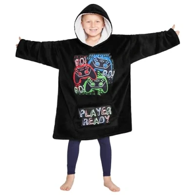 Afbeelding van CityComfort deken met capuchon voor kinderen, fleece hoodie om aan te trekken, grijs, Eén maat (Zwart/Veelkleurig)