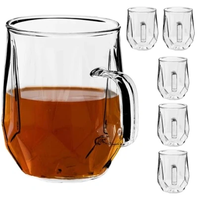 Afbeelding van KADAX Theeglazen, 320 ml, waterglazen met handvat, glazen kopjes, sapglazen, voor thee, koffie, water, drank, ijsthee, sap, drinkglazen, koffieglazen (6 stuks)