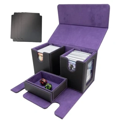 Afbeelding van TheQuotium MTG Commander Deck Box, ruimte voor 200+ kaarten, kaartenspeelbox met kijkvenster 3 in 1, magnetische kaartenorganizer Magic TCG CCG, 4 scheidingswanden