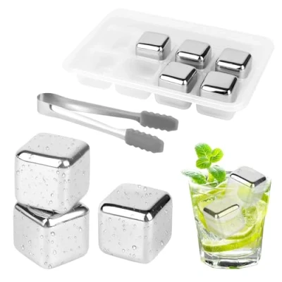 Afbeelding van VFANDV IJsblokjes, roestvrij staal, 8 stuks, 304 herbruikbare whiskystenen + clips, bevroren ijsblokjes voor wijn, wodka, likeur, dranksap of limonade met opbergdoos