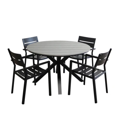 Afbeelding van 4 Seizoenen Tuinmeubelen 5 delige ronde tuinset Delia stapelbare tuinstoelen (Black) ⌀ 120cm Cyprus tuintafel (Grey)